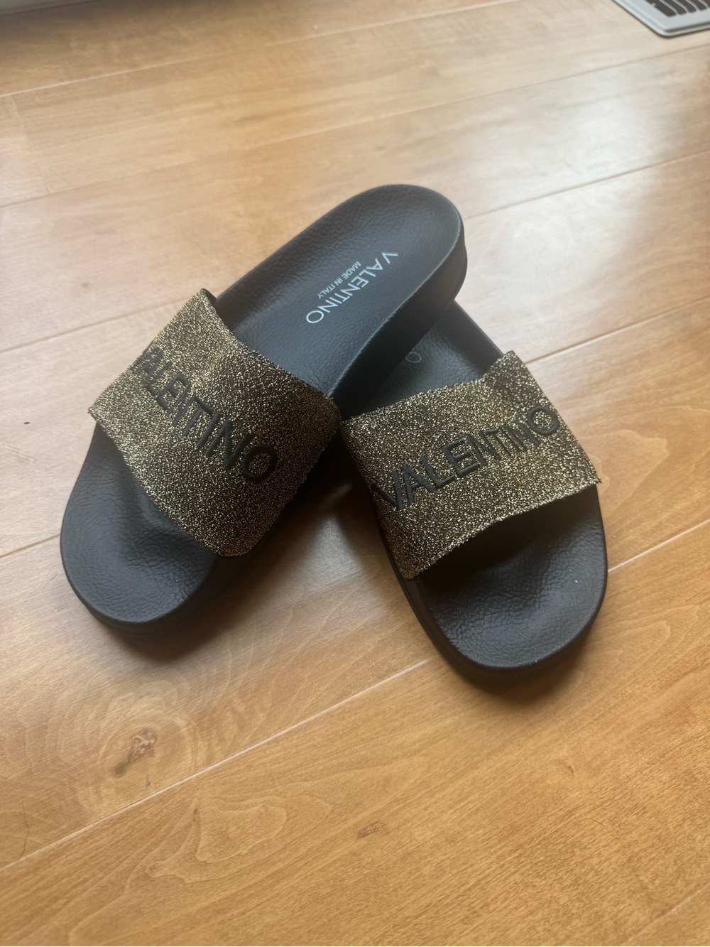 Valentino Black Slides with Gold Glitter Strap and Logo